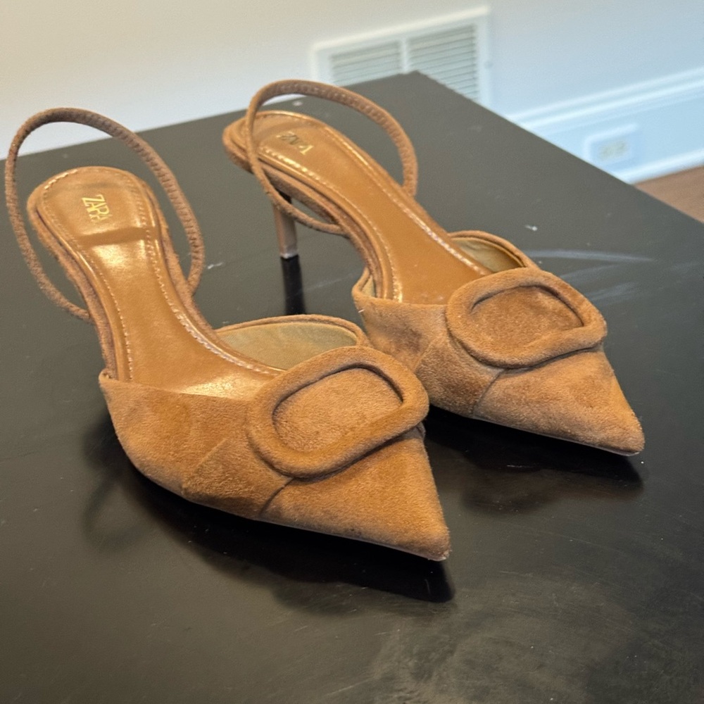 Zara Tan Suede Pointed Slingback Heels sz 38 Fall 25